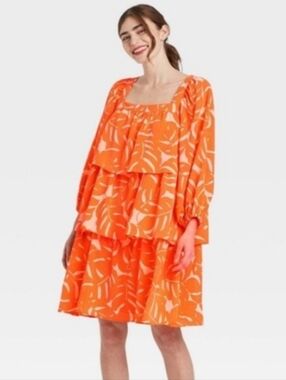 Who What Wear Orange Printed Peasant Dress - Size M